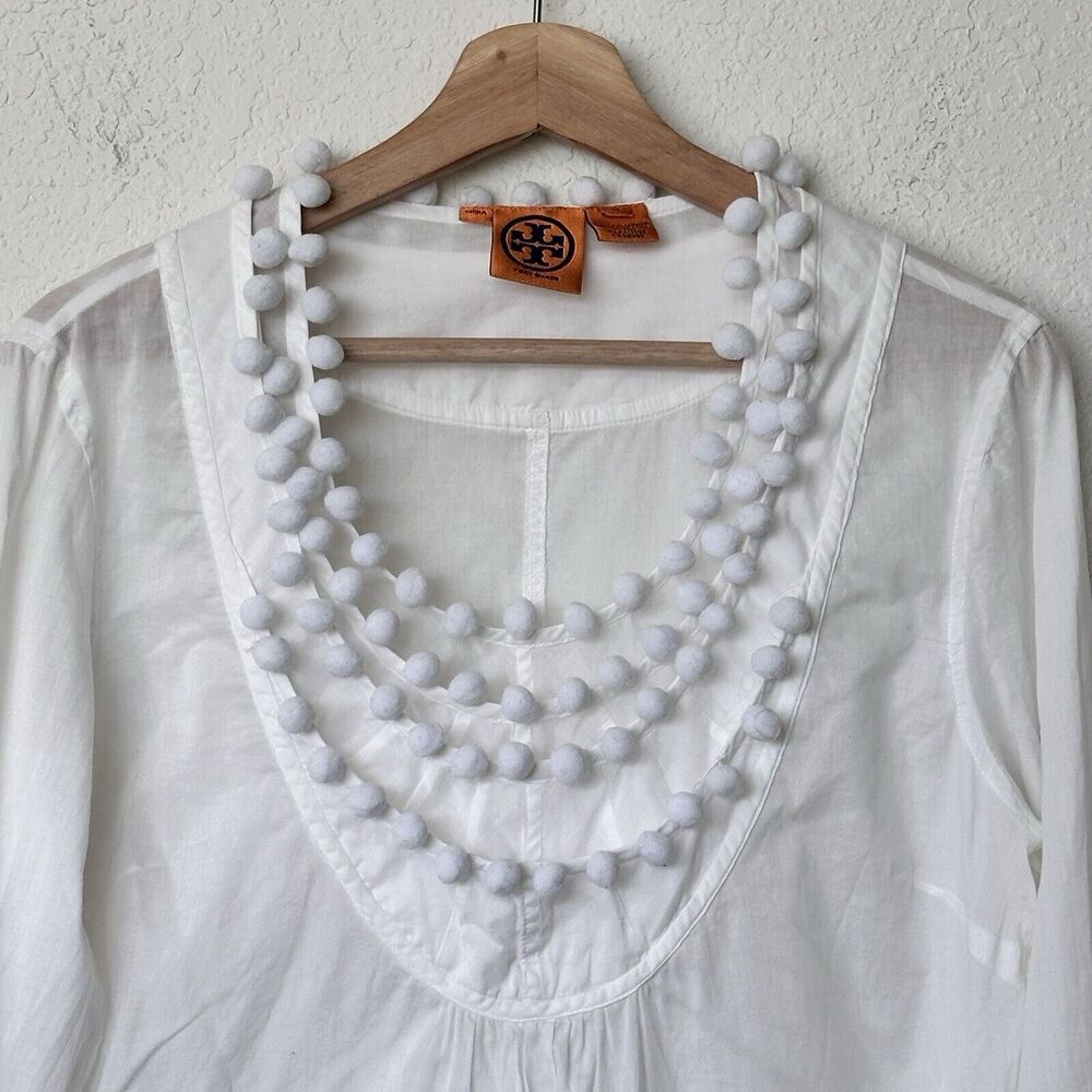 Tory Burch White blouse Cotton Pomp Pomp Long Sleeves 12 - Picture 2 of 12